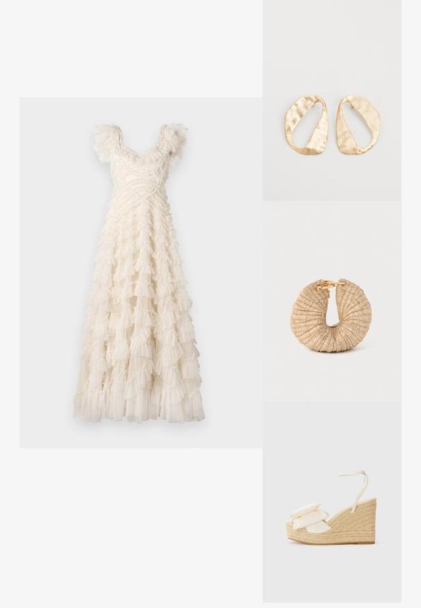 Maxi dress in ivory fabric, featuring layered ruffles, short puff sleeves, and a fitted bodice. Delicate texture with subtle patterns.; Wedge sandal with a natural jute platform, cream fabric upper, and two layered floral accents; features a thin ankle strap with buckle.; Cult Gaia UBAH - Clutch - wheat; Pair of irregular oval-shaped gold-toned metal earrings with a textured, slightly hammered surface on a white background.