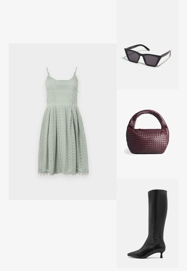 Helles grünes Spitzenkleid mit schmalen Trägern, einem taillierten Oberteil und einem ausgestellten Rock, der komplizierte Ausschnittmuster und einen gewellten Saum aufweist.; Zign Stiefel - black; Schwarze, eckige Sonnenbrille mit grauen Gläsern; aus Kunststoff gefertigt, mit dicken Bügeln, die eine glatte Oberfläche und keine sichtbaren Beschläge haben.; FALKE Basic Fine Knit Unisex - Schal - dark brown; Geflochtene bordeauxfarbene Handtasche mit runder Form, dickem Griff und strukturiertem Leder. Verfügt über eine glatte, glänzende Oberfläche und einen Reißverschluss.