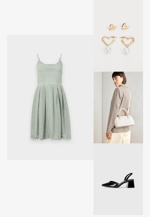 Helles grünes Spitzenkleid mit schmalen Trägern, einem taillierten Oberteil und einem ausgestellten Rock, der komplizierte Ausschnittmuster und einen gewellten Saum aufweist.; Schwarze Lackleder-Slingback-High Heels mit spitzem Schuh und einem geometrischen Blockabsatz. Verfügt über ein schlankes, minimalistisches Design und eine glatte Textur.; Weiße strukturierte Handtasche mit kurzen Griffen und einem Schultergurt, ausgestattet mit goldfarbenen Hardware-Elementen und strukturiertem Material, vor einem grauen Hintergrund präsentiert.; Herzförmige Ohrringe in Goldton mit strukturierter Oberfläche, mit einem hängenden Perlenakzent. Einschließlich passender Herz-Stiftohrringe.