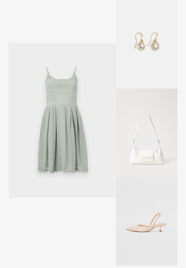 Helles grünes Spitzenkleid mit schmalen Trägern, einem taillierten Oberteil und einem ausgestellten Rock, der komplizierte Ausschnittmuster und einen gewellten Saum aufweist.; Beige Lackleder Slingback-Pumps mit spitzem Vorderteil und einem schlanken, quadratischen Absatz. Glatte Textur und minimalistisches Design ohne Verzierungen.; Weiße synthetische Handtasche in dreieckiger Form, flache Vorderklappe und Schleifendetail, verstellbarer Trageriemen, glatte Textur und minimalistisches Design.; Goldfarbene Ohrringe mit ovalen klaren Kristallen, die von kleineren klaren Steinen umgeben sind, und einem Haken-Design für sicheren Halt.