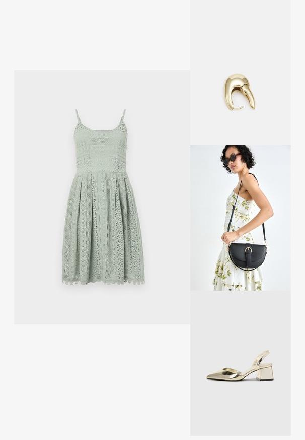 Lichtgroene kanten jurk met dunne spaghettibandjes, een getailleerde bovenkant en een uitlopende rok met ingewikkelde uitsnijdingen en een geschulpte zoom.; Gouden, metalen slingback hakken met een spitse neus en een chunky hak. Glad oppervlak, minimalistisch ontwerp en een smalle band.; Zwarte leren handtas met een gebogen vorm, afneembare schouderband en gouden hardware. De tas heeft een klep met een gespsluiting.; Gouden metalen oorbel met een slank, gebogen ontwerp. Beschikt over een kenmerkende puntige vorm, gepolijste oppervlakte en scharnier sluiting.