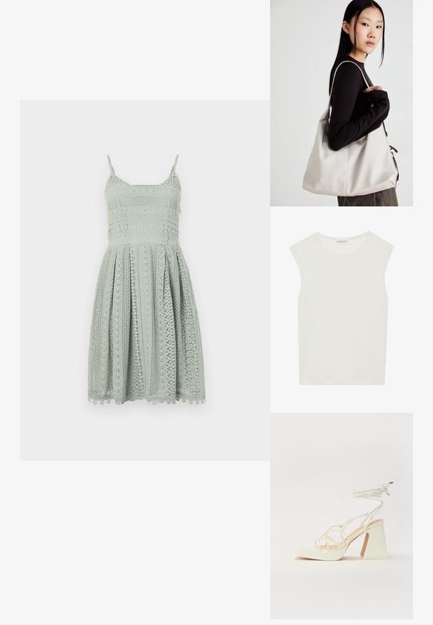 Šviesiai žalias nėriniuotas suknelė su plonomis petnešėlėmis, prigludusia liemene ir platėjančia sijonu, kuris turi sudėtingus iškarpytus raštus ir banguotą apatinį kraštą.; Balta be rankovių palaidinė su apvaliu kaklu. Pagaminta iš lygios medžiagos, ji turi laisvą siluetą ir minimalistinį dizainą. Be raštų ar akcentų.; Balti aukštakulniai sandalai su masyviu kulnu, su dirželių dizainu ir kulkšnies raiščiu. Lygi tekstūra su platforma priekyje, suteikianti papildomą aukštį.; Bežinė rankinė, pagaminta iš minkštos medžiagos, turinti laisvą dizainą, siuvinėtas detalės ir dvi petnešos. Tinkama kasdieniam naudojimui.