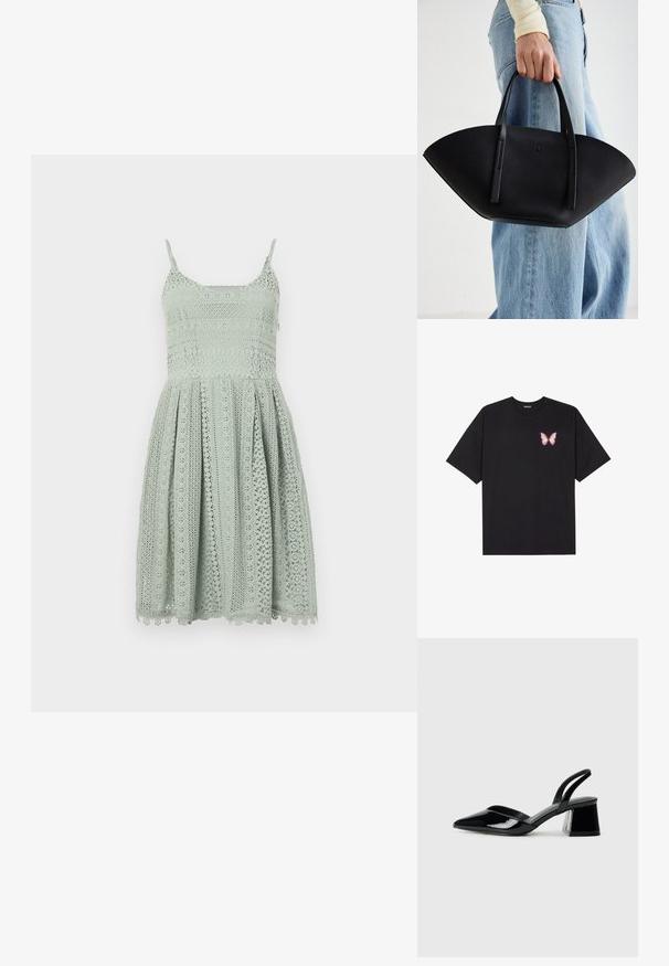 Robe en dentelle vert clair avec des fines bretelles, un corsage ajusté et une jupe évasée ornée de motifs découpés complexes et d'un ourlet en dentelle.; T-shirt en coton noir à manches courtes, avec un petit graphique de papillon rose sur la poitrine gauche. Modèle à col rond avec une coupe décontractée.; Escarpins en cuir verni noir avec bout pointu et talon bloc géométrique. Présente un design élégant et minimaliste ainsi qu'une texture lisse.; Sac à main en cuir noir avec une forme de éventail unique, doté de poignées plates. La surface présente une texture granuleuse et un design minimaliste.
