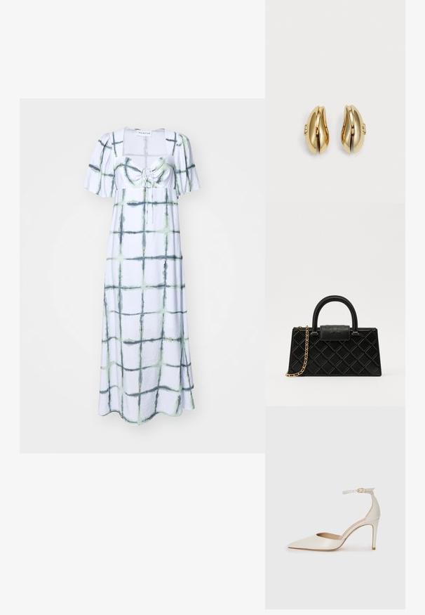 Maximeeri vaaleansinisestä kankaasta on grid-kuvio, jossa on vihreitä ja tummia aksentteja. Mallissa on neliönmuotoinen pääntie, lyhyet puffihihat ja nyöritys-edestä.; Valkoinen nahkainen korkokenkä, jossa on terävä kärkinen muoto, nilkkaremmi ja kapea korko. Suora pinta, jossa on hienovarainen kiiltävä viimeistely.; Mustaväri käsilaukku, joka on valmistettu teksturoidusta nahasta ja jossa on timanttikuvio, kultasävyinen ketjuolkaintassa ja pääkahva, jossa on logolla painettu läppä.; Korvatekniikalla muotoillut kultasävytteiset korvakorut. Jokaisessa korvakorussa on sileäpintainen pinta ja pieni lukko, jossa on koristeellinen yksityiskohta.