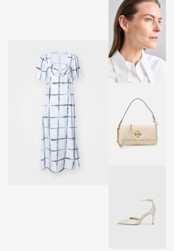Šviesiai mėlynas maxi suknelė pagaminta iš audinio su tinklo raštu, kuriame matomi žali ir tamsūs akcentai, kvadratinis iškirpimas, trumpi pūsti rankovės ir raištelių detalė priekyje.; Balti odiniai aukštakulniai batai su smailiu priekiniu galu, kulkšnies dirželiu ir siauru stiletu. Lygi tekstūra su subtiliu blizgiu paviršiumi.; Išsiuvinėta grietinėlės spalvos rankinė su aukso logotipo akcentu, su grandinės ir odos dirželiu. Išpuoselėta konstrukcija ir lygi tekstūra su įstrižai siuvinėtais raštais.; Auksiniai auskarai su maža dekoratyvine brangakmenio akcentu. Nešiojami ant modelio su tiesiais plaukais, derinami su balta marškinių apykakle.