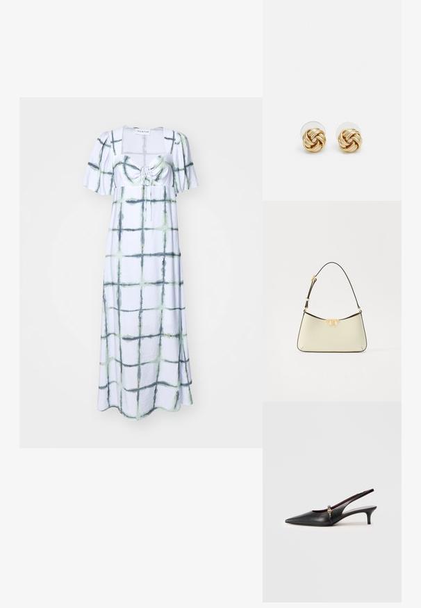 A világoskék anyagból készült maxi ruha négyzethálós mintával, zöld és sötét árnyalatokkal, négyzetes nyakkivágással, rövid puffos ujjakkal és húzózsinóros elülső részlettel rendelkezik.; Fekete bőr női sarokszandál, hegyes orral, vékony tűsarkúval és arany színű díszítéssel a bokapántnál. Simító felület és letisztult forma.; Krém színű bőrtáska ívelt formával. Aranyszínű logó díszítéssel és vékony, állítható sötét pánttal rendelkezik.; Arany színű csomó fülbevalók, csavart formával. Minden fülbevaló mögött egy kör alakú átlátszó támasz található a biztonságos viselés érdekében.