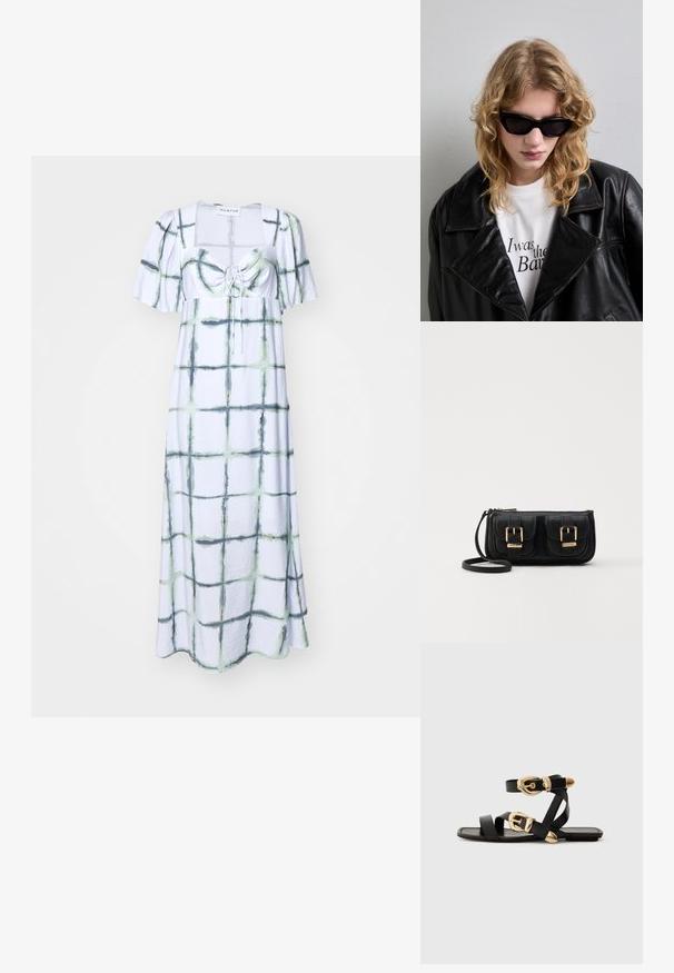 Heleda kleit helesinises kangas koos ruudulise mustriga roheliste ja tumedate aktsentidega, ruudukujuline kaelus, lühikesed puffvarrukad ja nööriga esidetail.; Mustad nahast sandaalid kuldsete pandlitega, millel on mitmed rihmad ja lame talladisain avatud varba jaoks.; Musta prillid, millel on stiilne ja nurgeline disain. Mudel kannab musta nahktagi valge särgi kohal, millel on trükitud tekst, neutraalses taustas.; Must küllastamata nahast õlakott, millel on kaks esist nähtavat taskut, kuldsed pandlad, tõmblukuga sulgemine ja peen rihm. Tekstuuriga pind ja kompaktne ristkülikukujuline kuju.