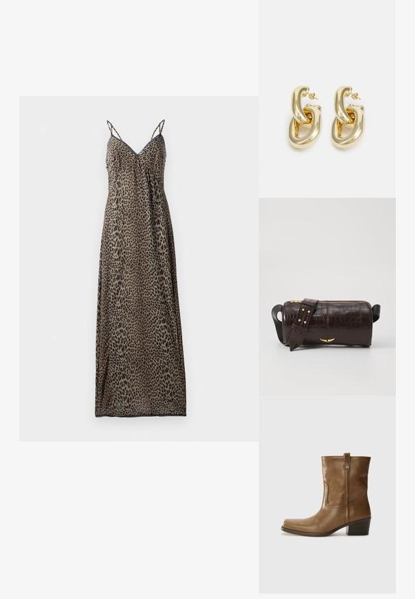 Abito maxi in stampa leopardata con spalline sottili, scollatura a V, design fluido, tessuto trasparente, toni terrosi di marrone e nero, e orlo dritto.; Stivale alla caviglia in pelle marrone con punta quadrata, finitura testurizzata e tacco basso incassato. Dotato di un pratico tassello posteriore e dettagli di cucitura sottili.; Borsa in pelle stampata a coccodrillo marrone con forma cilindrica, accessori in tonalità oro e una tracolla staccabile con borchie.; Rabanne XL LINK  DOUBLE HOOP EARRINGS - Orecchini - gold-coloured