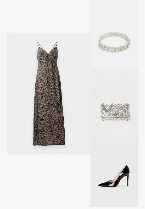 Robe maxi en imprimé léopard avec des bretelles fines, décolleté en V, design fluide, tissu translucide, tons terreux de marron et noir, et ourlet droit.; Escarpin noir en cuir verni avec un design à bout pointu et une silhouette élégante. Présente une finition lisse et brillante ainsi qu'un talon aiguille fin.; Sac à main en métal argenté avec une poignée en chaîne, texture matelassée, couture décorative et fermeture éclair. Présente des accents embossés sur le devant.; Bague en argent ornée d'une rangée de cristaux ronds et transparents avec un motif texturé, surface intérieure lisse et fermeture à clapet.