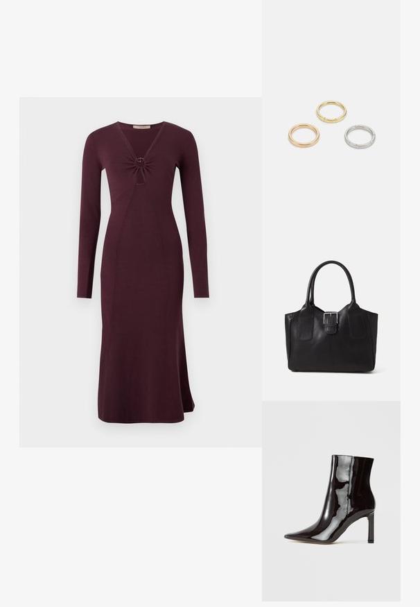 Garās piedurknes bordo kleita ar savītu priekšu un apaļu detaļu, pieguļošs siluets un paplatināta apakšmala.; Melnas patentētas ādas potīšu zābaki ar norādītu purngalu un izsmalcinātu siluetu. Izceļas ar stiletto papēdi un gludu tekstūru.; Melnas ādas somiņa ar gludu tekstūru, strukturētu formu, divām rokturām un izteiktu sudraba sprādzi priekšpusē.; Trīs metāla gredzeni: viens rozā zeltā, viens zeltā ar teksturētiem akcentiem un viens sudraba, visiem ar iegravētām zīmola atzīmēm iekšējā joslā.