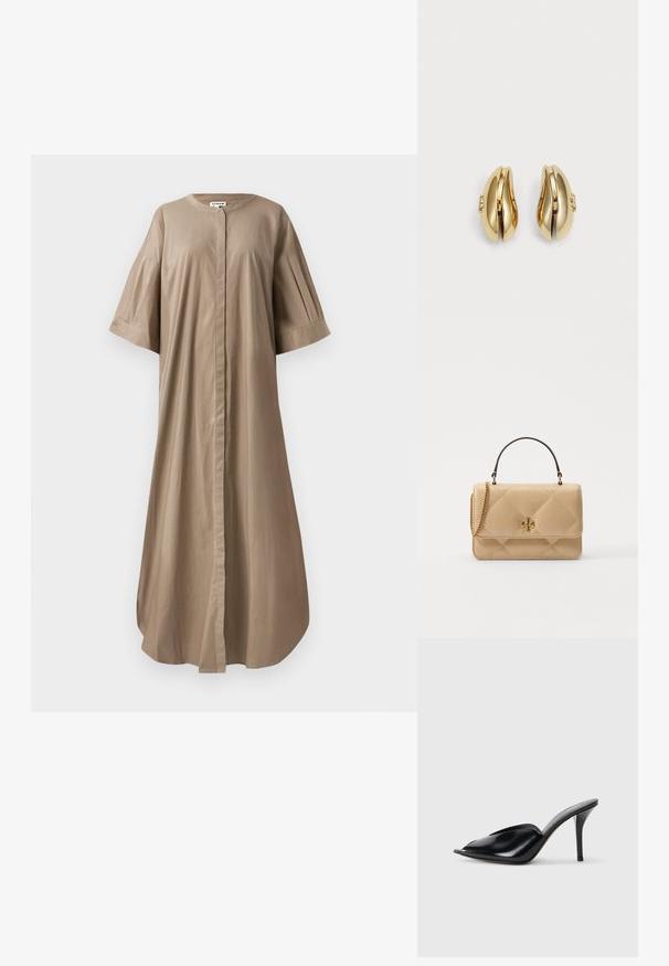 Kohviroheline midi kleit, mis on valmistatud puuvillast, ümarate kaelustega, lühikeste laiade varrukatega ning eest nööpidega kinnitatud. Sile tekstuur ja lõdvestunud istuvus.; Mustad nahast kõrge kontsaga mulad avatud varbaga, terava disainiga, siledapinnalised ja kitsaste stilettokontsadega.; Kvaliteetne beež nahkst kandekott, millel on kuldne riistvara, ketirihm ja ülemine käepide. Omab esipaneeli ja allkirjalogo detaile.; Kuldtooni kõrvarõngad voolava ja kõvera disainiga. Igal kõrvarõngal on sile pind ja väike klamber dekoratiivse detailiga.