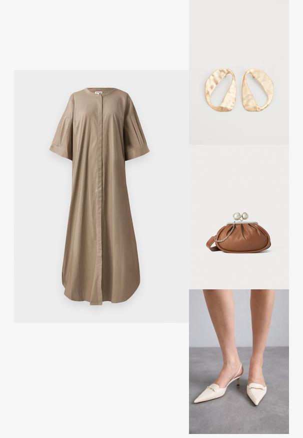 Beżowa sukienka midi z bawełny, z okrągłym dekoltem, krótkimi szerokimi rękawami i zapięciem na guziki z przodu. Gładka faktura i luźny krój.; Kremowe, czółenka na słupku z szpiczastym noskiem i cienkim, średnim obcasem, z złotym łańcuszkiem na wierzchu i gładką skórzaną teksturą.; Brązowa skórzana kopertówka z srebrnym zapięciem w kształcie kuli oraz małym srebrnym łańcuszkiem na białym tle.; Para nieregularnych, owalnych kolczyków ze złotego metalu o teksturowanej, lekko młotkowanej powierzchni na białym tle.