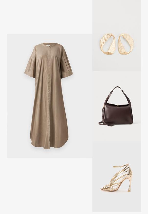 Kohviroheline midi kleit, mis on valmistatud puuvillast, ümarate kaelustega, lühikeste laiade varrukatega ning eest nööpidega kinnitatud. Sile tekstuur ja lõdvestunud istuvus.; Kuldne rihmadega kõrge kontsaga sandaal, millel on kaarjas konts, avatud varvas ja läikiv viimistlus. Omab mitmeid metallist rihmasid üle jala.; Pruun nahast käekott struktureeritud kujuga, millel on üks ülemine sang ja eemaldatav õlavarre rihm. Kuldne detail varustuses.; Eba paar eba ebaorditud ovaalkujulisi kuldehhe kaal setertu, kerge keersuju pinnaga valgel taustal.