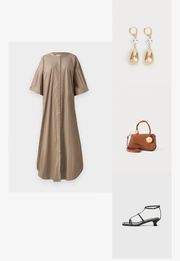 Písková midi šaty vyrobené z bavlny s kulatým výstřihem, krátkými širokými rukávy a předním zapínáním na knoflíky. Hladká textura a volný střih.; Černá kožená sandál s čtveratou špičkou, tenkými popruhy, nastavitelným kotníkovým popruhem a nízkým podpatkem. Obsahuje malý zlatý akcent na popruhu.; Hnědá kožená kabelka s vlnitým designem, která má dva kruhové zlaté akcenty a odnímatelný ramenní popruh pro všestranné nošení.; Náušnice ve tvaru slzy v zlaté barvě, s lesklým metalickým povrchem a akcentem ve stříbrné barvě.