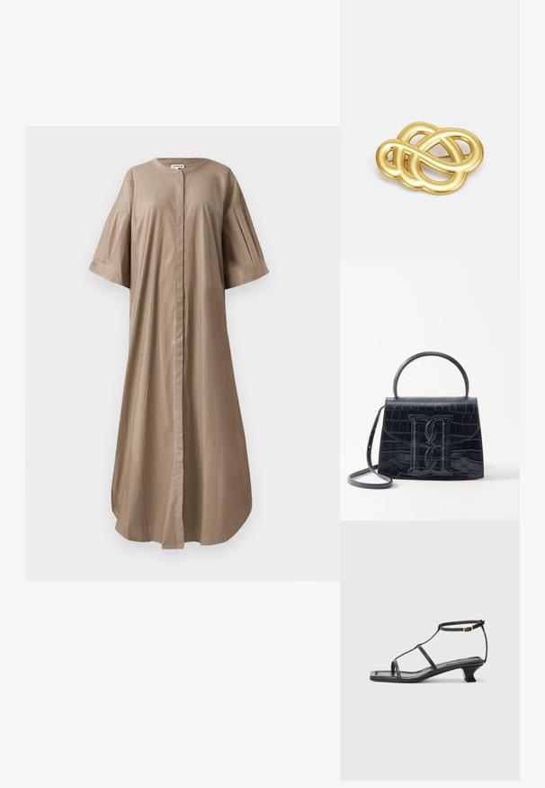 Könnyű, pamut anyagú, homokszínű midi ruha, kerek nyakkivágással, rövid, laza ujjakkal és elöl gombos kialakítással. Simás textúra és kényelmes, laza fazon.; Fekete bőr szandál, négyzet alakú orral, vékony pántokkal, állítható bokapánttal és alacsony sarokkal. A pánton egy kis arany dísz található.; Fekete krokodilbőr hatású kézitáska, amelynek strukturált kialakítása van, felső fogantyúval, állítható pánttal és egy kiemelkedő elülső logó részlettel.; Arany színű brosúra, csomózott díszítéssel, sima, ívelt vonalakkal és bonyolult formával, fényes felülettel.