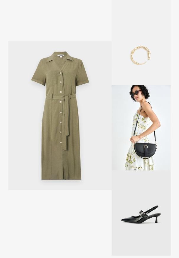 Alyvuogių žalios spalvos marškinių suknelė su trumpomis rankovėmis, mygtukų užsegimu, dviem krūtinės kišenėmis ir atitikimo spalvos diržu, pagaminta iš tekstūruotos medžiagos.; Juodai lakuoti slingback aukštakulniai su smailiu kojų pirštu ir mažais blokiniais kulniukais, su sidabro sagtimi ant dirželio.; Juodas odinis krepšys su išlenkta forma, nuimamu dirželiu ir auksiniais detalėmis. Krepšys turi kilpą su sagtimi.; Auksinės spalvos žiedas, turintis organišką, sukimosi dizainą su lygiu paviršiumi ir siaurėjančiais galais, sukuriantis modernią skulptūrinę išvaizdą.