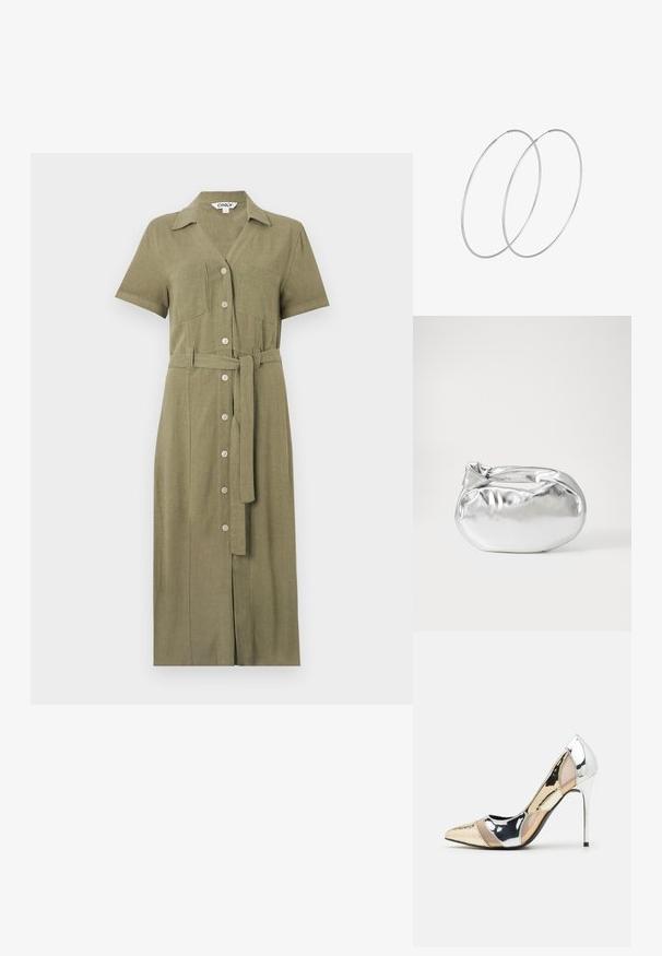 Oliivroheline pluusikleit lühikeste varrukatega, nööpidega ees, kahe rinna taskuga ja sobiva vööga, valmistatud tekstuurist kangast.; Kitsas toe kõrge kontsaga kingad, millel on hõbedane, kuldne ja nude värvilahendus. Läikiv viimistlus lõikekujundusega, stiletto konts.; Hõbedane metallikoti kott pehme, ümar kuju ja sõlme ülemise sulgemisega. Valmistatud siledast kunstnahast materjalist.; Hõbedased rõngastikkaehingad minimalistlikus disainis. Ümar kuju, sile tekstuur ja õhuke profiil. Kerged ning poleeritud viimistlusega.