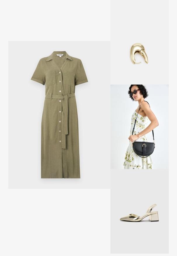 Olajzöld ingruha rövid ujjakkal, gombos elülső részel, két mellzsebbel és egy hozzá illő övvel, struktúrált anyagból készült.; Arany, fémből készült slingback sarkú cipők hegyes orral és vastag sarokkal. Simaság, minimalista design és keskeny pánt jellemzi.; Fekete bőrtáska ívelt formával, levehető pánttal és arany színű fémrészekkel. A táskán egy csattal díszített fedél található.; Aranyszínű fém fülbevaló, elegáns, ívelt formával. Különleges hegyes alak, fényes felszín és zsanéros záródás jellemzi.