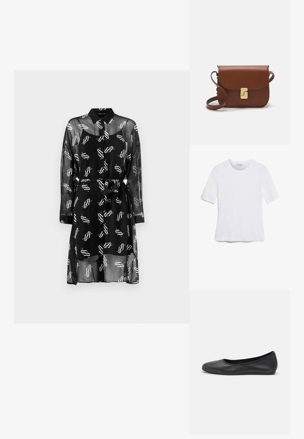 Abito camicia trasparente nero con motivi geometrici bianchi, colletto, maniche lunghe, chiusura con bottoni e una cintura coordinata in vita.; T-shirt bianca a maniche corte realizzata in tessuto a costine. Collo rotondo, vestibilità regolare e dettagli di cucitura sottili. Senza motivi o grafiche.; Pantofole da balletto nere in pelle con punta arrotondata, texture liscia, dettagli di cucitura minimi e design con suola flessibile.; Borsa a tracolla in pelle marrone con chiusura a pattina, hardware color oro, tracolla e una finitura liscia. Forma rettangolare compatta.