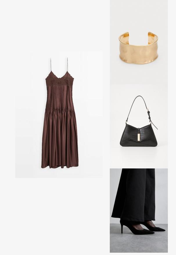 Braunes ärmelloses Kleid mit Spitzen-Oberteil und plissiertem Satinrock, das eine taillierte Taille und fließenden Stoff hat, hängt vor einem weißen Hintergrund.; Schwarze Wildleder-Highheels mit spitzen Zehen, getragen mit schwarzen weiten Hosen, weisen ein elegantes Design und einen subtilen Glanz auf.; Schwarze Handtasche aus kunstleder mit Kroko-Prägung, die eine dreieckige Form, einen schmalen Schultergurt und eine goldfarbene Hardware-Akzent in der Mitte aufweist.; Goldfarbener Armreif mit einer glatten, gewellten Oberfläche, einem strukturierten Innenraum und einem offenen Design, das eine organische Form schafft.
