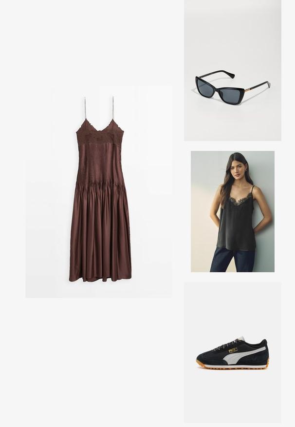 Braunes ärmelloses Kleid mit Spitzen-Oberteil und plissiertem Satinrock, das eine taillierte Taille und fließenden Stoff hat, hängt vor einem weißen Hintergrund.; Schwarzes satin Top mit einer Spitzen V-Ausschnitt und dünnen Trägern, kombiniert mit dunkelblauer Jeans, vor einem neutralen Hintergrund.; Schwarzer und grauer Wildleder-Sportschuh mit Gummisohle, featuring goldener Markierung und einem strukturierten Mesh-Panel an der Seite.; Schwarze Katzenaugen-Sonnenbrille mit dunklen Gläsern, einem glänzenden Rahmen und einem goldfarbenen Akzent an den Bügeln. Verfügt über eine glatte Textur.