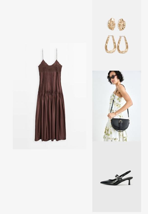 Bruine mouwloze jurk met een kanten lijfje en geplooide satijnen rok, met een aansluitende taille en vloeiende stof, hangt tegen een witte achtergrond.; Zwarte gepatineerde leren slingback hakken met een puntige neus en een kleine blokhak, met een zilveren gespaccent op de band.; Zwarte leren handtas met een gebogen vorm, afneembare schouderband en gouden hardware. De tas heeft een klep met een gespsluiting.; Gouden oorbellen met een getextureerd, golvend ontwerp. Bevat sculpturale clip-on studs en een open ringontwerp met een gehamerd oppervlak.