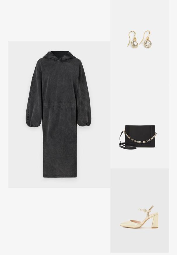 Kapišoninė ilgą juoda suknelė, pagaminta iš tekstūruoto audinio, su suspausta liemene ir pūstomis rankovėmis. Ant rankovės yra užrašas "SĖKMINGAS GYVENIMAS".; Auksinės metalinės kulninės bateliai su smailiu nosiu, kulkšnies dirželis su apvaliu užsegimu ir masyvus kulnas. Lygus paviršius.; Juodas odinis per petį nešiojamas krepšys turi lygų paviršių, stačiakampio formą ir metalinę grandinėlę priekyje. Pridedama reguliuojama dirželis.; Aukso spalvos auskarai su ovalo formos skaidriais kristalais, apjuostais mažesniais skaidriais akmenukais, su kabliuko dizainu, užtikrinančiu saugų dėvėjimą.