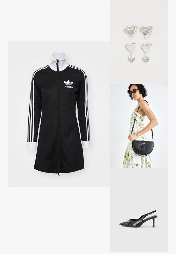 Black zip-up jacket with a high collar, white Adidas logo, and three white stripes along the sleeves. Smooth textured fabric.; Black patent leather slingback shoe with pointed toe, ankle straps featuring silver buckles and hardware, and a slender heel.; Black leather handbag with a curved shape, detachable strap, and gold hardware. The bag features a flap with a buckle detail.; Silver heart-shaped earrings feature faceted clear stones, with a textured frame. The set includes stud and drop styles.