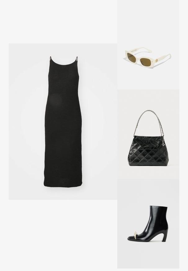 Črna pletena obleka z ozkimi naramnicami, oprijetega kroja, do kolen in z teksturiranim rebrastim vzorcem po celotni obleki.; Črne gležnjarje iz sijajnega usnja, s koničastim nosom in dekorativnim zlatim ter srebrnim detajlom spredaj. Oblika bloka pete.; Bela plastična sončna očala s pravokotnim okvirjem, rjavimi lečami in zlatim poudarkom na tiču. Gladka tekstura in moder dizajn.; Črna usnjena torbica z vzorcem karo, srebrna verižica kot ročaj, z oblikovanim dizajnom in gladko teksturo.