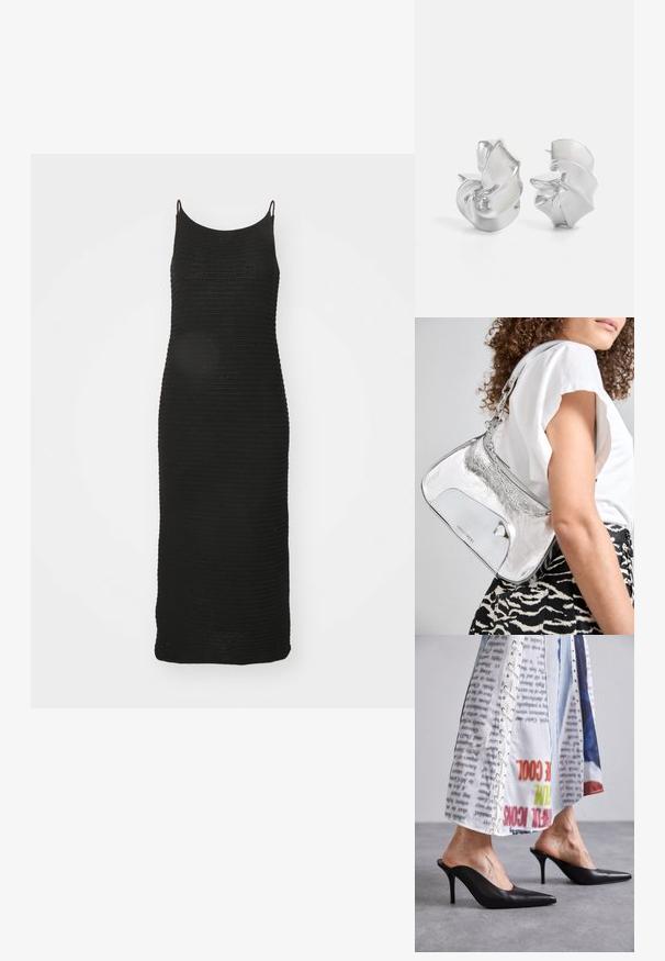 Juoda mezgimo suknelė su plonais petnešomis, deranti forma, iki kelių ilgio ir tekstūruotu vagoto rašto dizainu.; Juodos odinės mules su smailiu pirštu ir stiletto kulnu, derinamos su baltu raštuotu drabužiu, turinčiu šniūruotų detalių.; Sidabro spalvos metalinė peties kuprinė su lygiu paviršiumi, išlenkta forma, grandinėlės rankena ir blizgiu priekiu, kuriame subtiliai išgraviruotas logotipas.; Sidabriniai auskarai su tekamu, spiraliniu dizainu. Lygus paviršius su blizgiu apdaila. Yra švelni blizgesys ir jokie matomi papuošimai.