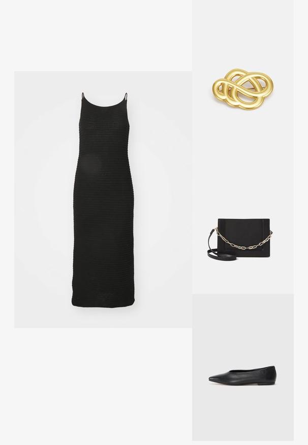 Mustat neulemekko, jossa on kapeat olkaimet, istuva malli, polvipituinen leikkaus ja teksturoitu ribbikuviointi koko komeudessaan.; Musta nahkainen ballerinatyyppinen kenkä, terävä kärki, minimalinen muotoilu, sileä pinta, matala korko, ei näkyvää metalliosaa tai koristeita.; Musta nahkainen olkalaukku, jossa on sileä pinta, suorakulmainen muoto ja metalliketju yksityiskohtana edessä. Mukana säädettävä hihna.; Kultasävyinen rinnaneula, jossa on solmittu muotoilu, sileät, kaarevat viivat ja monimutkainen muoto, heijastaen kiiltävää pintaa.