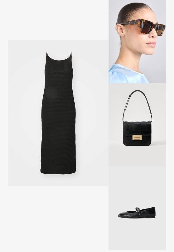 Crna pletena haljina s uskim naramenicama, prilagođenog kroja, dužine do koljena i teksturiranim rebrastim uzorkom kroz cijelu haljinu.; Crne kožne baletanke s špicastim nosom, s remenom s okruglom metalnom kopčom i ravnim potplatom.; Naštečene sunčane naočale s debelim, pravokutnim okvirom. Tamna stakla i zlatni detalji na sljepoočnicama. Glatka, sjajna površina.; Loeffler Randall DESI CROSSBODY WITH LOCK HARDWARE - Torba preko tijela - black