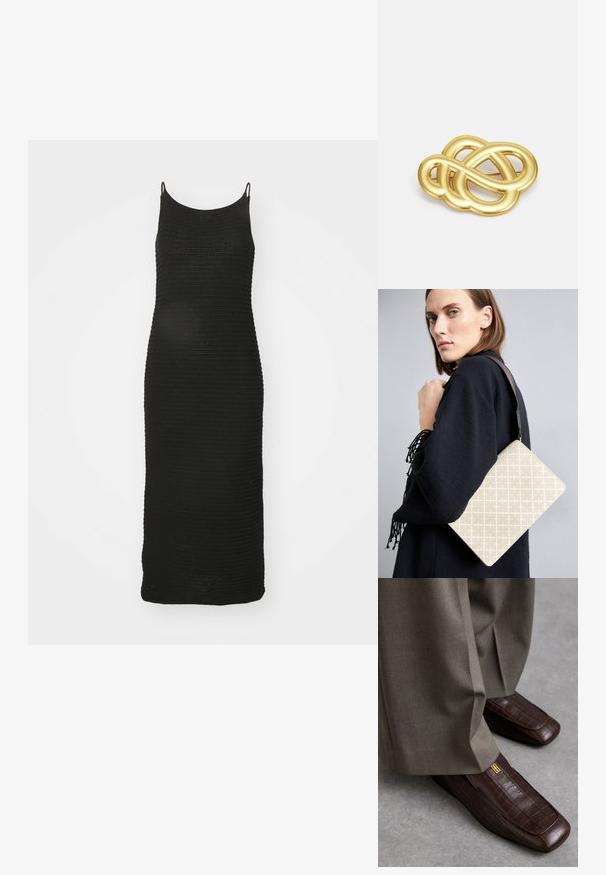 Crna pletena haljina s uskim naramenicama, prilagođenog kroja, dužine do koljena i teksturiranim rebrastim uzorkom kroz cijelu haljinu.; Smeđe kožne mokasine s teksturom krokodila, s zlatnim logotipom, u kombinaciji s svijetlosivim hlačama. Dizajn s kvadratnim vrhom.; Bež torba s uzorkom i strukturiranim oblikom, s smešnim teksturiranim remenom. Nošena na modelu protiv sive pozadine.; Broš u zlatnoj boji s čvorastim dizajnom, glatkim, zaobljenim linijama i složenim oblikom, koji odražava sjajnu površinu.