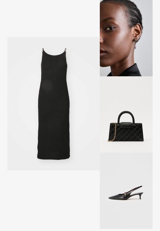 Fekete kötött ruha vékony vállpántokkal, testhez simuló fazonban, térd hosszúságú szabásban, és strukturált bordázott mintával az egész felületen.; Fekete bőr női sarokszandál, hegyes orral, vékony tűsarkúval és arany színű díszítéssel a bokapántnál. Simító felület és letisztult forma.; Fekete kézitáska texturált bőrből, gyémántmintázattal, aranyszínű láncos pánttal és logóval gravírozott fedélzárral ellátott felső fogantyúval.; Fekete kézitáska texturált bőrből, gyémántmintázattal, aranyszínű láncos pánttal és logóval gravírozott fedélzárral ellátott felső fogantyúval.; A fém virágmintás fülbevalónak texturált fekete közepe és finom részletei vannak. A modellen tiszta bőre és fonott haja oldalnézetből látható.