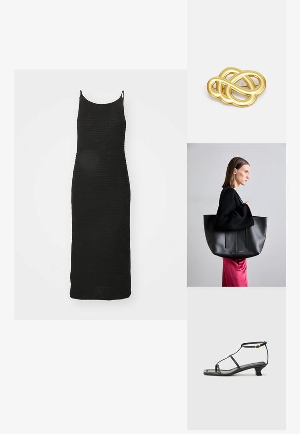 Zwarte gebreide jurk met smalle schouderbandjes, aansluitende vorm, knielange snit en een gestructureerd ribbelpatroon in het volledig ontwerp.; Zwarte leren sandaal met een vierkante neus, dunne banden, een verstelbare enkelriem en een lage hak. Heeft een kleine gouden accent op de band.; Zwarte leren draagtas met een gestructureerde afwerking, voorzien van twee verticale lijnen, dubbele schouderbanden en een minimalistisch ontwerp.; Goudkleurige broche met een knoopontwerp, featuring gladde, gebogen lijnen en een ingewikkelde vorm, wat zorgt voor een gepolijste afwerking.