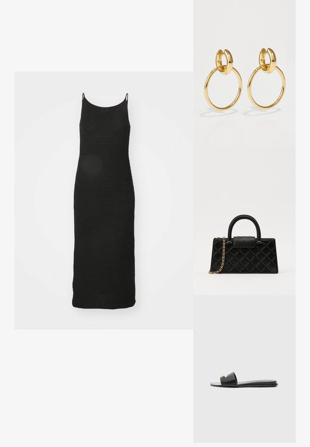 Juoda mezgimo suknelė su plonais petnešomis, deranti forma, iki kelių ilgio ir tekstūruotu vagoto rašto dizainu.; Juodi šlepetės su plačiu viršumi, lygaus odos tekstūros, atvira koja ir aukso akcentu ant dirželio. Lygus padas.; Juodas rankinės pagamintas iš struktūrizuotos odos, su deimanto raštu, auksinės spalvos grandinėle, viršutine rankena ir logotipu išsiskiriančiu užtrauktuku.; Auksinės metalinės hoop auskarai, turintys didelę apvalią formą su lygiu, blizgiu paviršiumi ir ovalo formos akcentu viršuje.