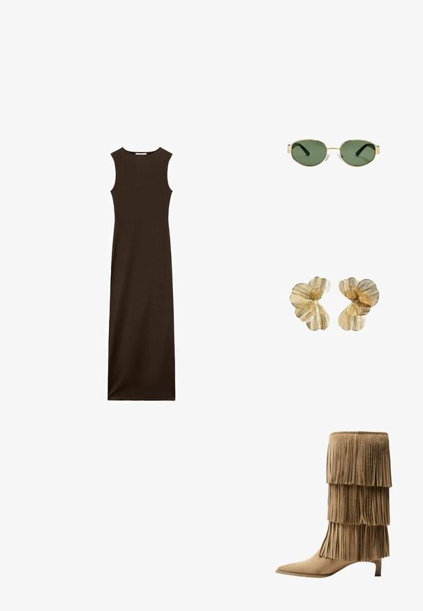 Bezramenné hnedé maxi šaty s priliehavým telom a priamym siluetom. Vyrobené z hladkej látky, s okrúhlym výstrihom a bez viditeľných zapínaní.; Krajkové členkové topánky z hnedej semišovej kože s tromi vrstvami franje. Špicatá špička a nízky blokový podpätok. Hladká štruktúra po celej ploche.; Slnko zlatohnedých kovových rámových okuliarov s zelenými tónovanými sklami, oválnym tvarom, čiernymi stranami a priehľadnými nosnými podložkami. Čistý, minimalistický dizajn.; Náušnice vtvárené do tvaru kvetu z pozláteného kovu, s vrstvenými lupienkami, ktoré majú textúrovaný povrch a stredový detail v podobe korálky.