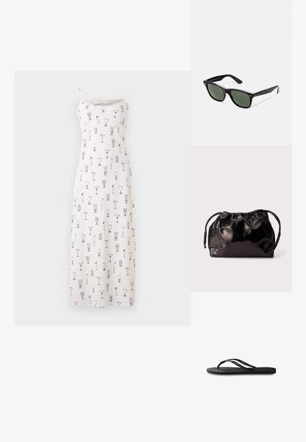Mouwloze maxi-jurk in witte stof met illustraties van zwarte cocktailglazen. Heeft dunne bandjes en een ontspannen pasvorm.; Zwarte flip-flop met een gestructureerde rubberen zool, twee slanke banden en een subtiele, ingedrukte logo-detail op de band.; Zwarte plastic zonnebril met groene lenzen, vierkante montuur, zilveren accent op de wenkbrauw en een gestructureerde tempel. Merken vermeld op de binnenkant van de arm.; Kleine zwarte glanzende leren trekkoord portefeuille met korte handvaten op een lichtgrijze achtergrond.