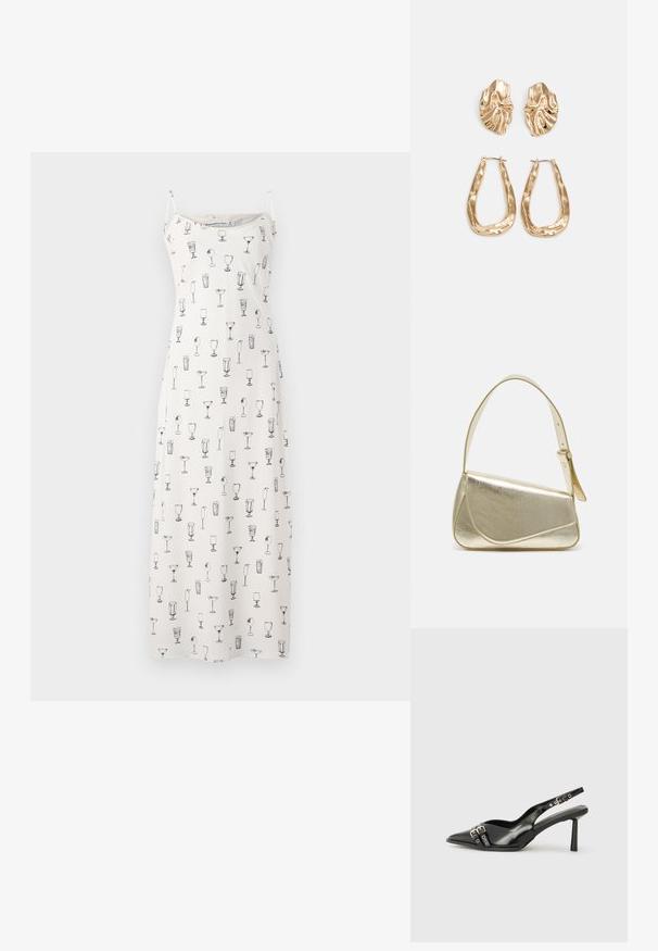 Ujjatlan maxi ruha fehér anyagból fekete koktélpohár illusztrációkkal. Vékony pántokkal és laza szabással rendelkezik.; Fekete lakk bőr, hegyes orrú slingback cipő, boka pántokkal, ezüst csatokkal és hardverelemekkel, valamint karcsú sarkú.; Arany fémes kézi táska, strukturált dizájnnal, sima felülettel és állítható pánttal. Egyedi háromszög alakú, minimalistának mondható varrásokkal rendelkezik.; Aranyszínű fülbevalók, texturált, hullámos formákkal. Tartalmazza a szobrászati klipszes studokat és az open hoop kialakítást, kalapácsos felülettel.