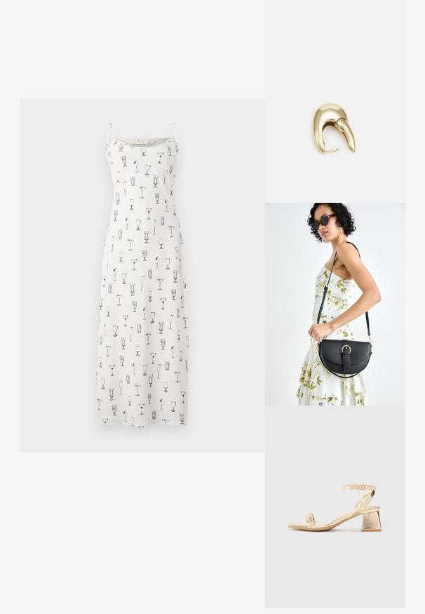 Ärmelloses Maxikleid aus weißem Stoff mit schwarzen Cocktails als Illustrationen. Verfügt über dünne Träger und einen lässigen Schnitt.; Goldene metallische Sandale mit Absatz in Blockform, zwei Riemen über dem Fuß und einem verstellbaren Knöchelriemen. Glatte Textur.; Schwarze Lederhandtasche mit geschwungener Form, abnehmbarem Tragegurt und goldenen Beschlägen. Die Tasche verfügt über einen Deckel mit einer Schnallen-Details.; Ohrringe aus goldfarbenem Metall mit einem schlanken, geschwungenen Design. Sie verfügen über eine markante, spitze Form, eine polierte Oberfläche und einen Scharnierverschluss.