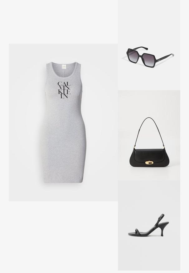 Pelēka bezpiedurkņu kleita ar pieguļošu dizainu un vārdiem "CALVIN KLEIN" drukātiem ķermenī melnās burtu lielajās vēstulēs vertikāli priekšpusē.; Melnas ādas augstpapēžu sandales ar plānu, izliekta formas papēdi un krustenisku siksnu dizainu. Regulējama potītes siksna. Gluda tekstūra.; Melnas sešstūra saulesbrilles ar gradienta lēcu, ar spīdīgu apdari un nedaudz redzamu zīmolu uz tempļa. Izturīga plastmasas konstrukcija.; Melna ādas rokassoma ar izliekta dizaina elementiem, zelta krāsas detaļām un augšējo rokturi. Iezīmējas ar elegantu aizdari un gludu faktūru.