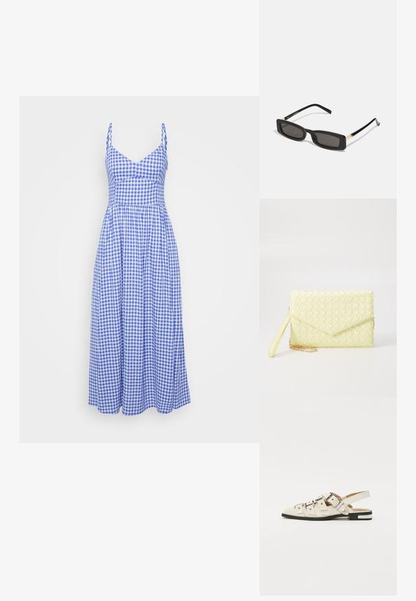 Rochie de vară cu model gingham în nuanțe de albastru și alb, cu un corset ajustat, bretele subțiri și o fustă lejeră, până la genunchi. Material din bumbac.; Sandale slingback din piele albă cu multiple curele late și catarame argintii; talpă plată cu un mic toc negru și accente metalice.; Ochelari de soare rectangulari negri cu lentile întunecate, rame din plastic lucios și accente aurii pe tample. Design minimalist și formă elegantă.; Poșetă de mână țesută, de culoare galbenă, cu un design cu clapetă, curea detașabilă pentru încheietura mâinii și un accent din lanț auriu. Textură netedă și formă rectangulară.; Cercei cercuri din aur cu un finisaj neted și strălucitor. Design circular cu un mic suport și un spate transparent pentru o purtare sigură.