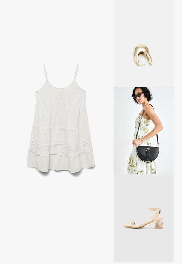 Balta be rankovių suknelė su reguliuojamais diržais, tekstūruota medžiaga, raukšlėtas apdaila ir lygiagrečiai sukrauta konstrukcija su nėriniais dygsniais.; Aukso metalinis kulnas sandalai su kampiniu bloku, dviem dirželiais virš pėdos ir reguliuojamu kulkšnies dirželiu. Lygus paviršius.; Juodas odinis krepšys su išlenkta forma, nuimamu dirželiu ir auksiniais detalėmis. Krepšys turi kilpą su sagtimi.; Aukso tono metalinės auskarai su stilingu, kreiviu dizainu. Išsiskiria ryškiu smailiu pavidalu, poliruota paviršiumi ir užsegimu su vyriu.