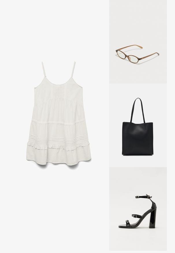 Vestido branco sem mangas com alças ajustáveis, tecido texturizado, acabamento em babados e design em camadas com detalhes em renda ao longo das costuras.; Sandálias de tacão preto laqueadas com bico quadrado, tiras para o tornozelo e fivelas prateadas. Apresentam um salto bloco chunky para estabilidade.; Óculos tortoiseshell castanhos com lentes ovais, hastes finas e acabamentos transparentes. Apresenta um logótipo subtil na têmpora. Design elegante e leve.; Bolsa tote preta em couro com textura lisa, forma retangular e duas alças longas. Sem hardware ou enfeites visíveis.
