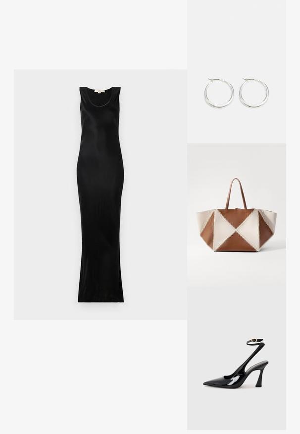 Juoda be rankovių maksi suknelė, pagaminta iš glotnaus audinio; turi apvalų iškirpimą ir prigludusią siluetą, kuris siaurėja link apdailos.; Juodai lakuoti slingback aukšti kulniukai su smailiu nosiu, reguliuojama čiurnos juostele ir vidutinio dydžio blokiniu kulnu. Lygus paviršius su blizgiu apdaila.; Nanushka THE ORIGAMI LARGE - Pirkinių krepšys - off white/tan/creme; Sidabriniai žiedo auskarai turi lygią, suapvalintą formą, ploną profilį ir saugų užsegimą. Minimalistinis stilius su blizgiu apdaila.