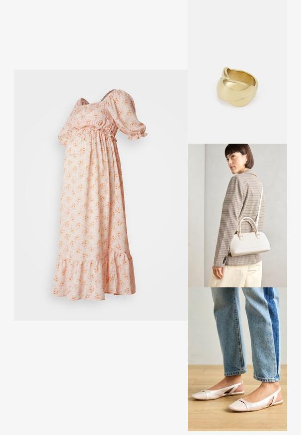 Vestido maxi floral em tecido rosa suave com mangas bufantes, cintura elástica e barra de camadas. Apresenta pequenos padrões de flores laranja e amarelo.; Sapatilhas slingback de cor rosa pálido com bico fino, feitas de um material semelhante a couro liso. Apresentam detalhes recortados nas laterais e um salto plano.; Bolsa estruturada branca com alças curtas e uma alça de ombro, com detalhes em hardware dourado e material texturizado, exibida contra um fundo cinza.; Anel dourado com um design liso e torcido. Apresenta uma superfície polida e bordas arredondadas, criando uma forma fluida e sem costura.