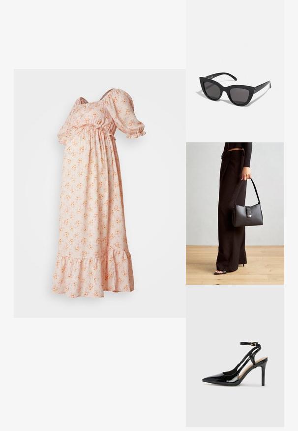 Cvetna maxi obleka iz mehke roza tkanine z napihnjenimi rokavi, elastičnim pasom in rufljanim robom. Ponuja majhne vzorce pomarančnih in rumenih cvetov.; Črne lakaste usnjene čevlje na visoki peti z odprtim petnim delom, usnjeni trak za prilagoditev okrog gležnja in z ozkimi stranskimi odprtinami. Gladka tekstura.; Črne mačke-oko sončna očala z mat zaključkom, ki imajo sive tonirane leče, ostre kote in eleganten stranski del. Ime blagovne znamke je vidno na notranjem ročaju.; Črna torbica z strukturirano obliko, gladko teksturo in kovinskim zaponko. Ujemajo se z širokimi črnimi hlačami in odprtimi sandali na lesenem tleh.
