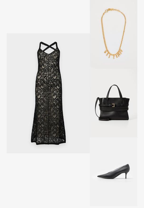 Černé krajkové maxi šaty s křížovými ramínky, zdobené květinovým vzorem a vlnkovaným lemem. Průhledný materiál umocňuje vrstvený efekt.; Černá lodička s špičatou špičkou vyrobená z hladké kůže. Obsahuje štíhlý podpatek a minimalistický design bez viditelných ozdob.; Černá kožená kabelka se strukturovaným designem, dvojitými horními uchy, odnímatelným popruhem a zlatým zdobením na horizontálním pásku.; Zlatý řetízek s přívěskem ve tvaru písmen spellující "MOSCATO." Hladký povrch s karabinkou a články různých velikostí.
