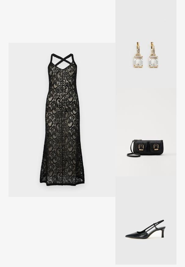 Fekete csipkés maxi ruha keresztezett pántokkal, virágmintával és ívelt szegéllyel. Az áttetsző anyag fokozza a réteges hatást.; Fekete lakk slingback sarok, hegyes orral, texturált kígyómintával, állítható pánttal és rövid, texturált tömbsarkal.; Fekete bőr keresztbody táska két elülső zsebbel, arany csattokkal, cipzáras záródással és vékony pánttal. Textúrált felület és kompakt téglalap alak.; Aranyszínű fülbevalók, melyek egy téglalap alakú, tiszta kristállyal díszítették, ami egy sor kis, kerek, tiszta kiegészítő alatt lóg. Letisztult, modern dizájn.