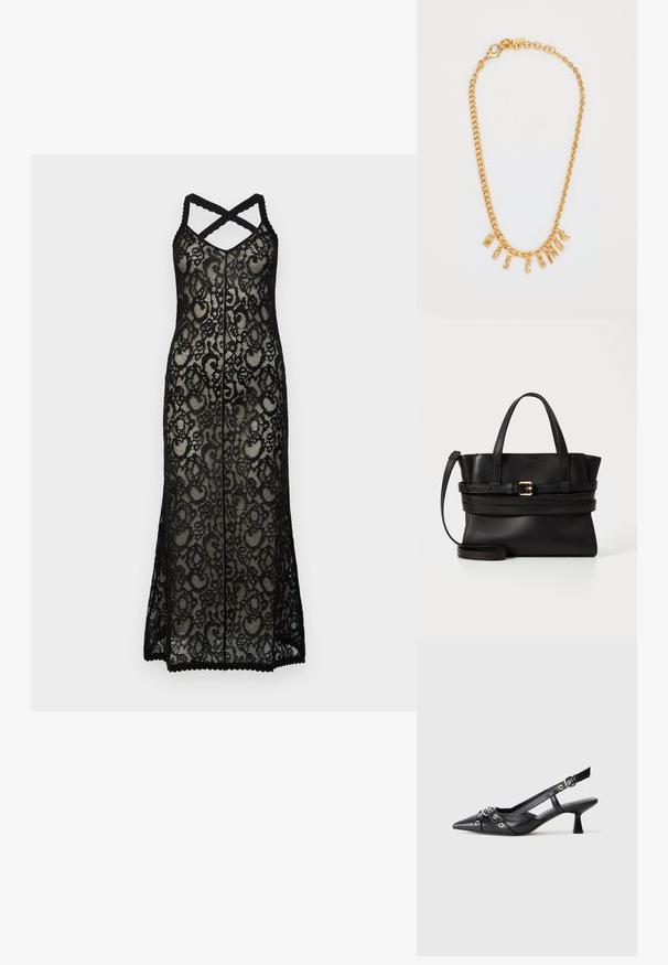 Fekete csipkés maxi ruha keresztezett pántokkal, virágmintával és ívelt szegéllyel. Az áttetsző anyag fokozza a réteges hatást.; Fekete bőr slingback cipő hegyes orral, dekoratív pántokkal, fém szemekkel és alacsony blokk sarkú. Texturált felület.; Fekete bőr kézitáska strukturált dizájnnal, párhuzamos felső fogantyúkkal, levehető pánttal és arany csat díszítéssel egy vízszintes sávon.; Arany lánc nyaklánc, amelyen az "MOSCATO" szót formázó fityegők találhatók. Simára csiszolt felület, húzós kapocs és különböző méretű láncszemek.